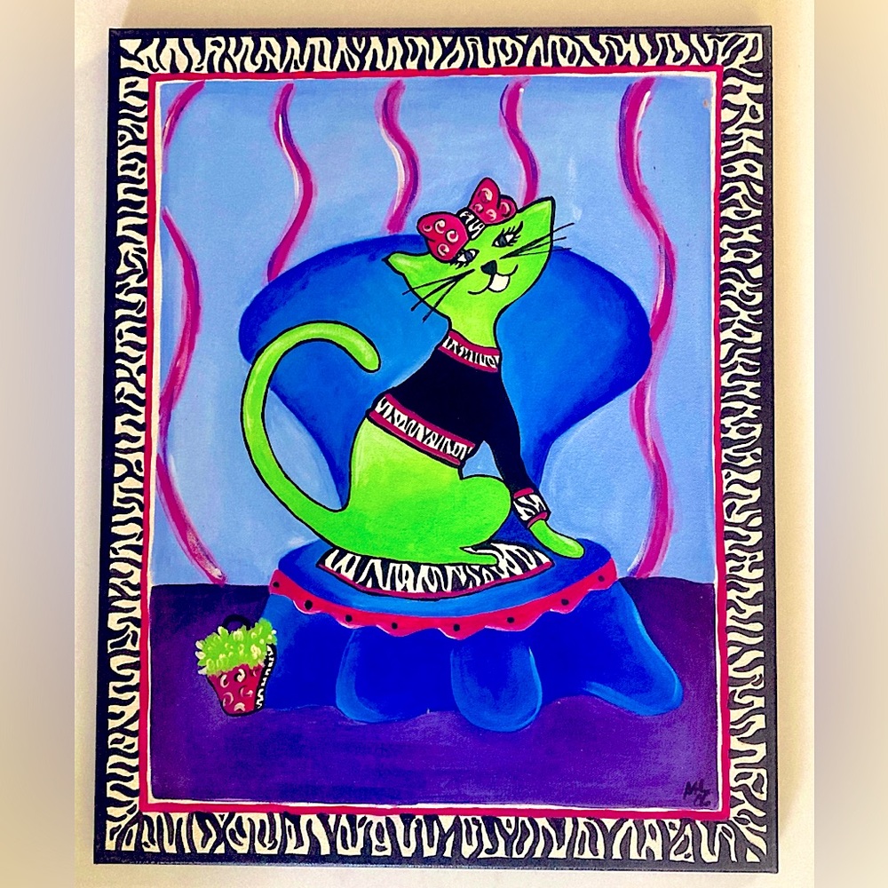 Original painted canvas artwork 16x20” whimsical cat wall art